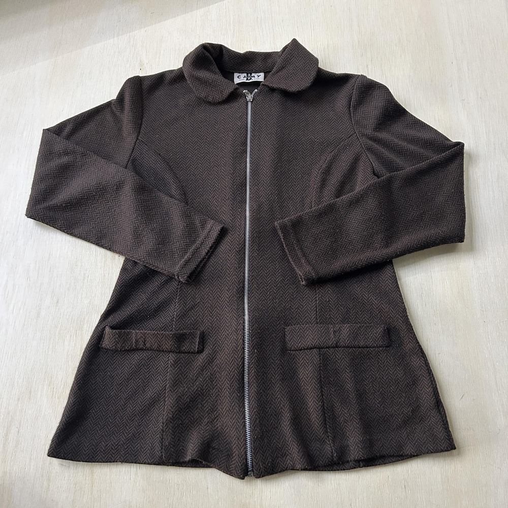 Vintage Brown Herringbone Twill Jacket Womens Small Full Zip Pockets Made In USA